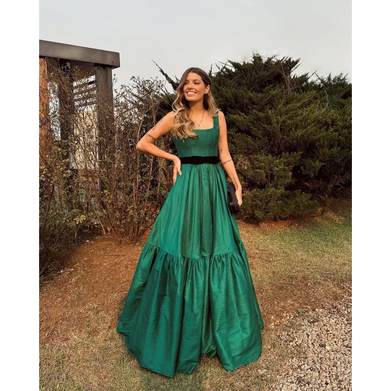 A Line Green Satin Long Prom Dress Elegant Wedding Guest Dress J5165