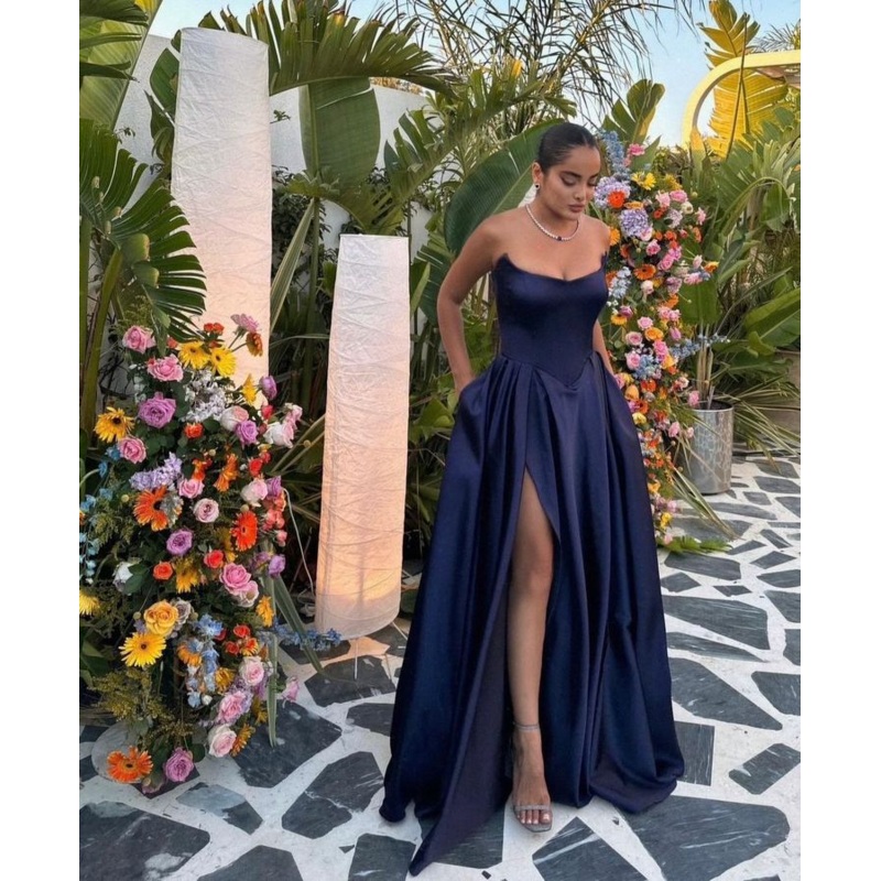 A Line Navy Blue Long Prom Dresses Formal Party Dress J8095