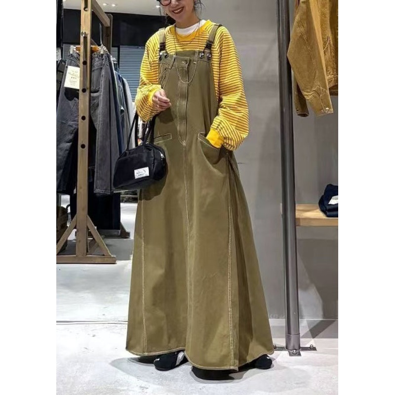 Army Green Denim Cami Dresses Oversized Pockets Summer