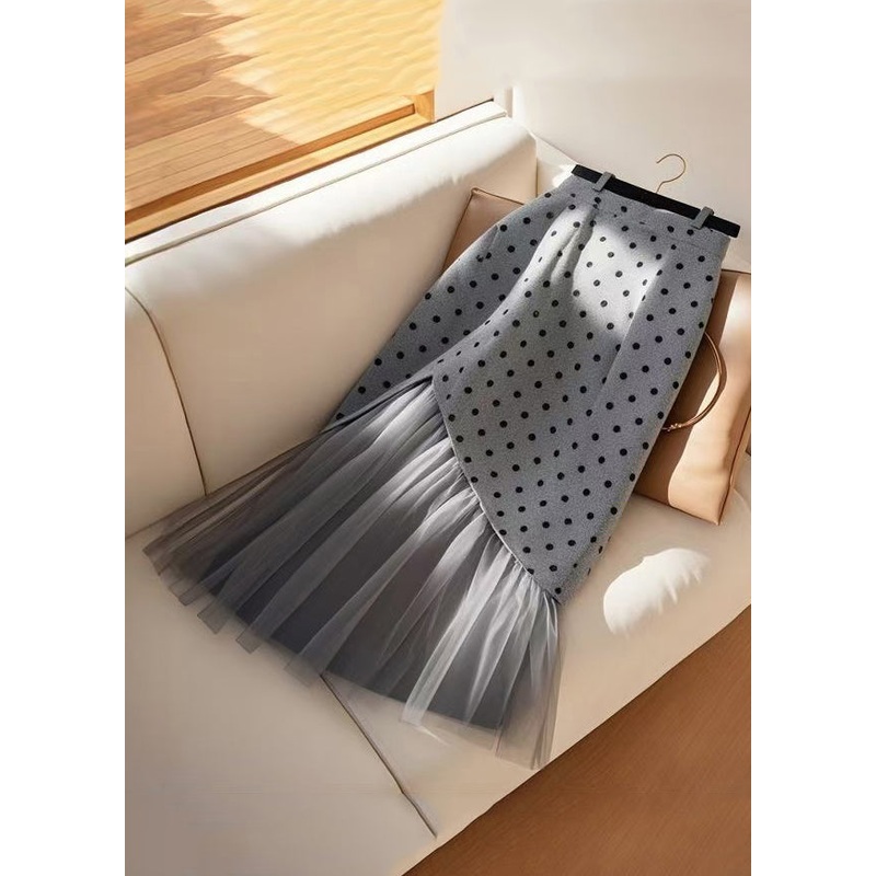 Art Grey Dot High Waist Tulle Patchwork Skirts Spring