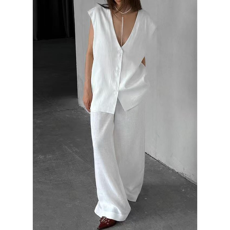 Art White Oversized Cotton Vests And Wide Leg Pants Two Piece Set Outfits Summer