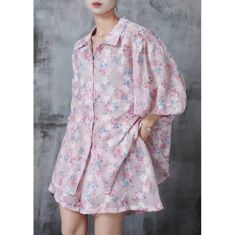 Beautiful Pink Embroidered Print Chiffon Two Pieces Set Summer