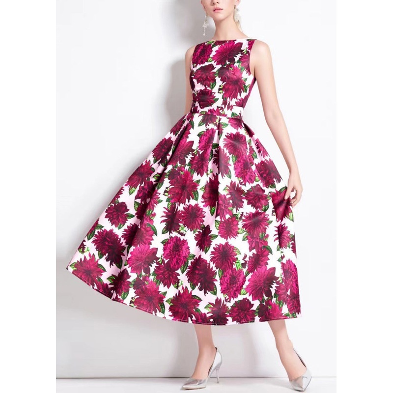 Beautiful Red Print High Waist Cotton Long Dresses Sleeveless