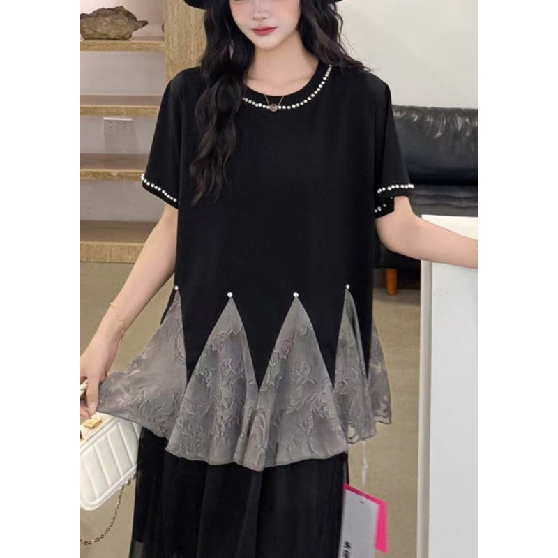 Black Patchwork Tulle Tank Oversized Nail Bead Summer