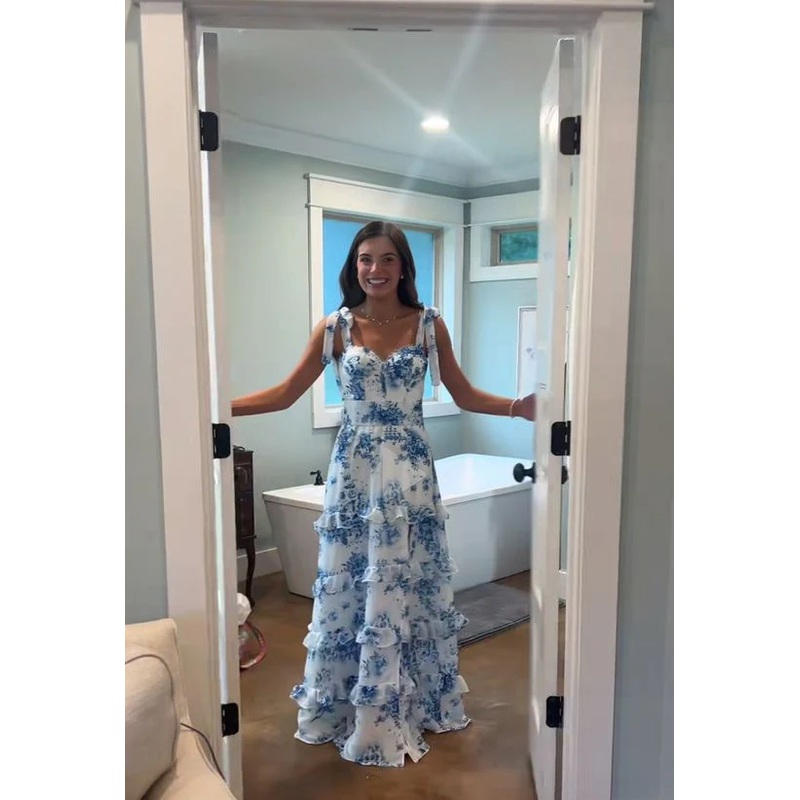 Blue Flora Formal Evening Dress Sleeveless Dress with Split J5947