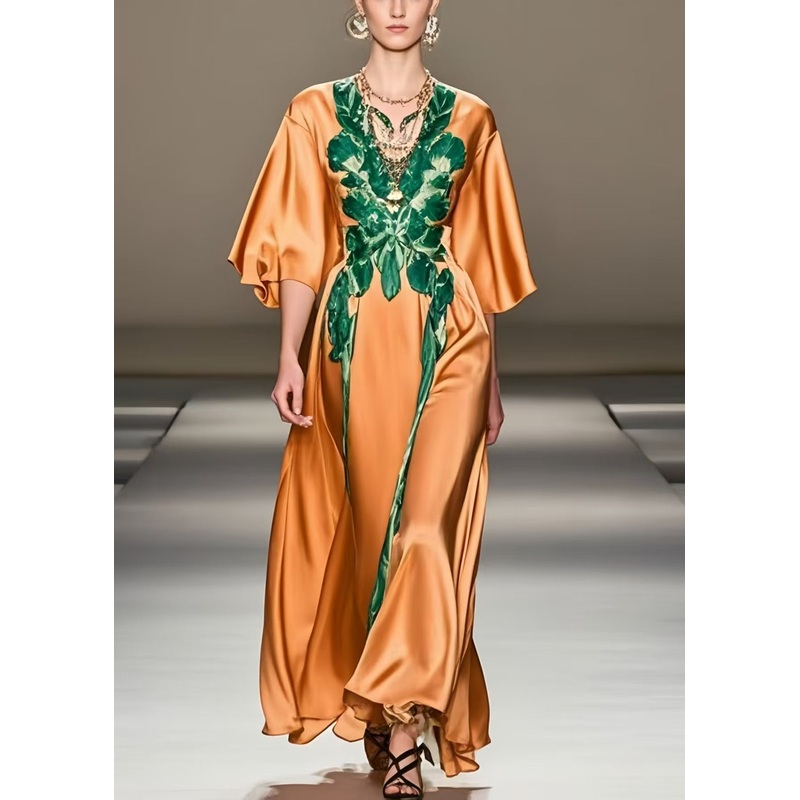 Bohemian Orange Print Silk Long Dress Half Sleeve