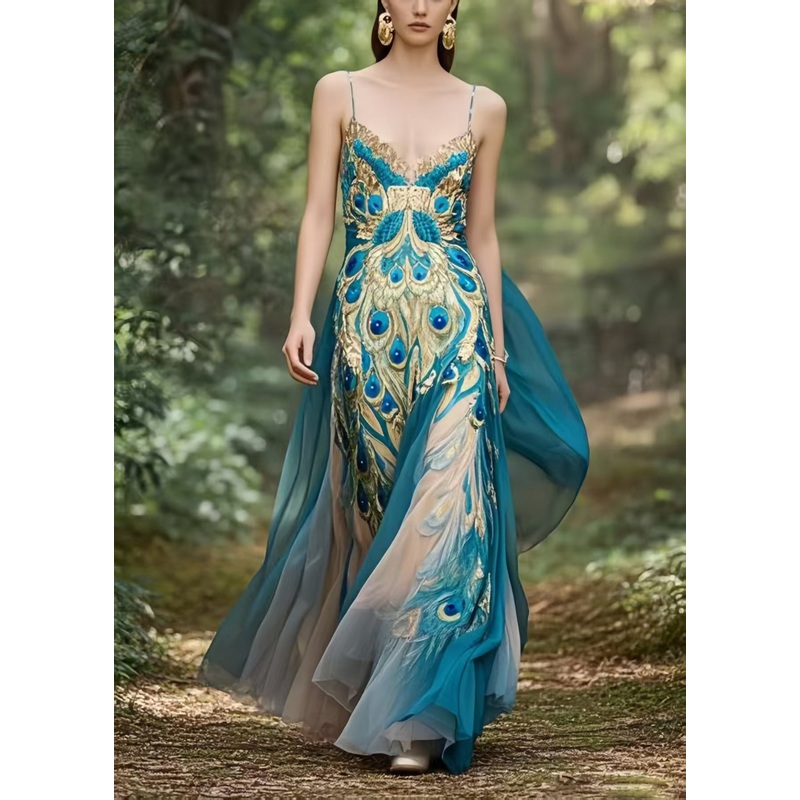 Bohemian Peacock Blue Print Exra Large Hem Chiffon Holiday Dress Summer