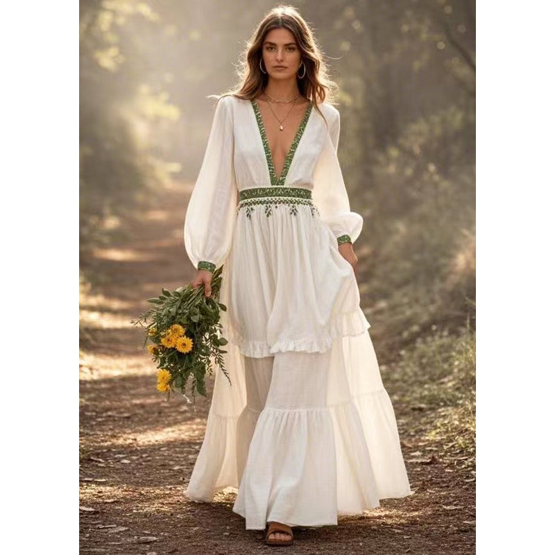 Bohemian White Deep-V Neck Exra Large Hem Long Dress Spring