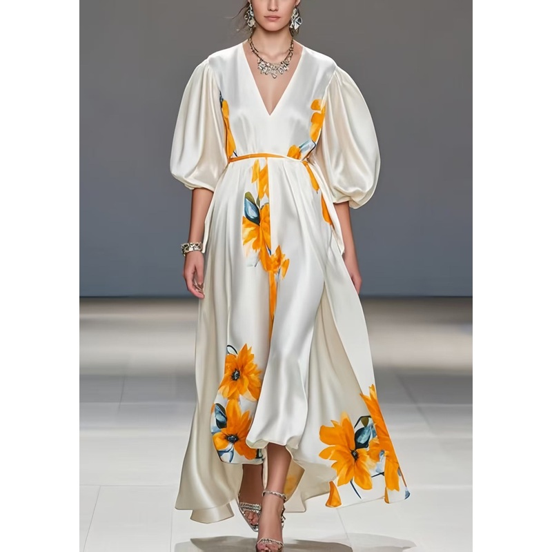 Boho White Puff Sleeve Floral Print Silk Maxi Dresses
