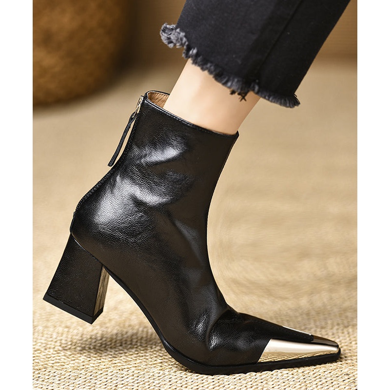 Boutique Black Cowhide Leather Splicing Chunky Boots Pointed Toe