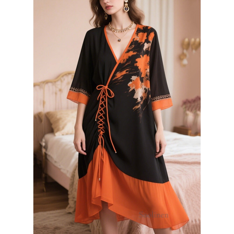 Boutique Black Oversized Patchwork Cross Strap Chiffon Dress Summer