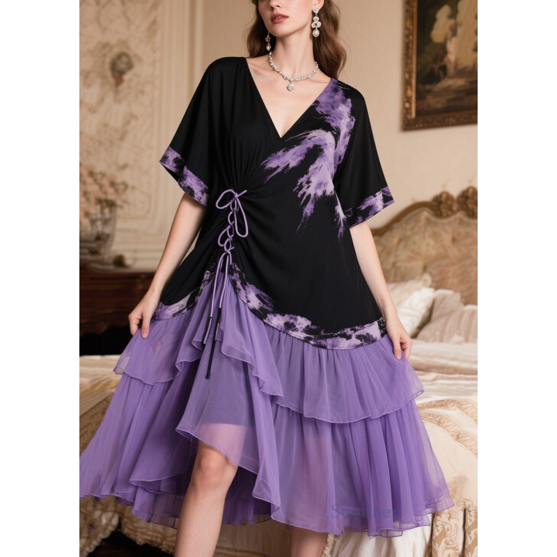 Boutique Black Patchwork Cross Strap Chiffon Tea Dress Summer