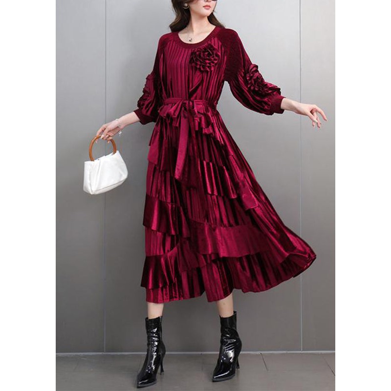 Boutique Mulberry O-Neck Floral Tie Waist Maxi Dresses Bracelet Sleeve