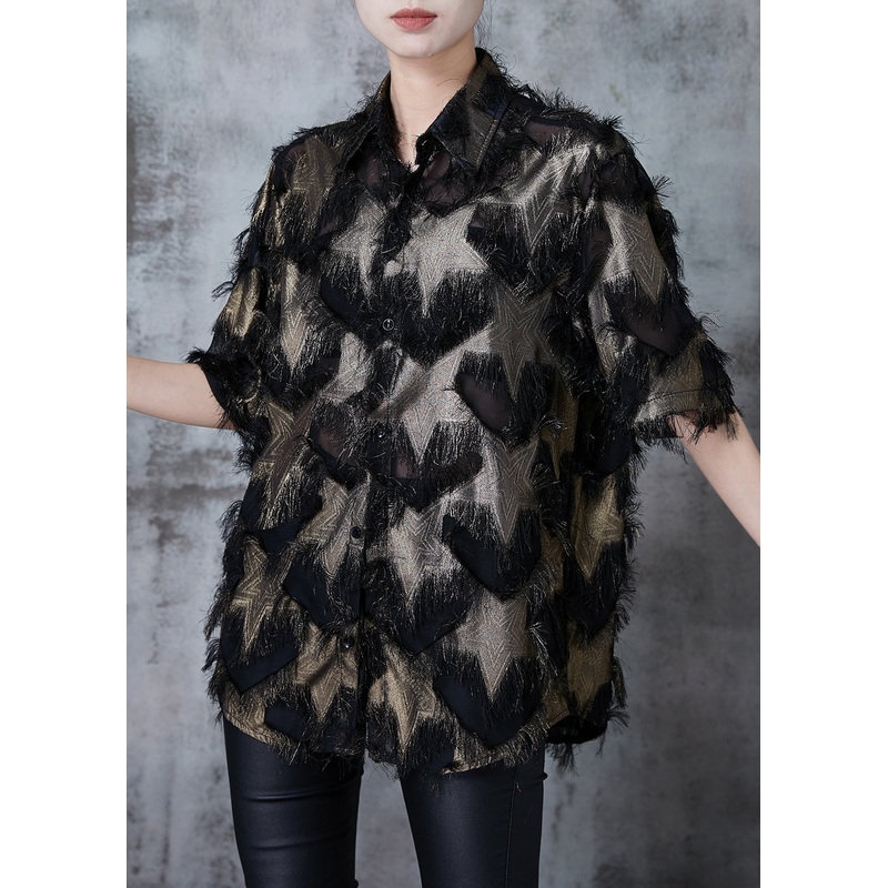 Brown Hollow Out Chiffon Blouse Tops Tasseled Summer