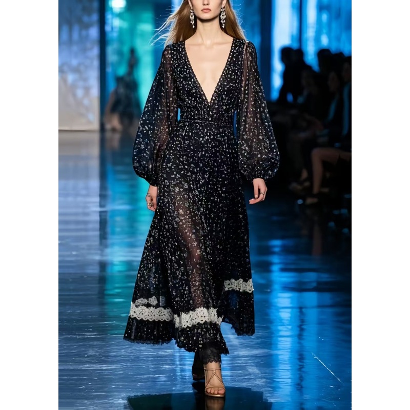 Casual Black Print Patchwork Lace Chiffon Long Dresses Summer