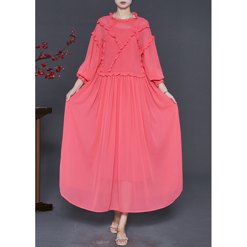 Casual Brick Red Ruffled Chiffon Ankle Dress Spring
