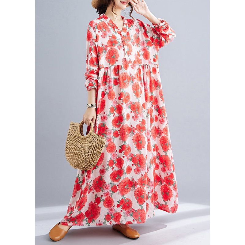 Casual Red Oversized Print Cotton Holiday Dresses Spring