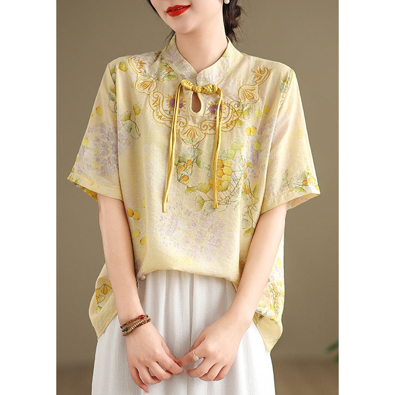 Casual Yellow Tasseled Print Linen Blouses Summer