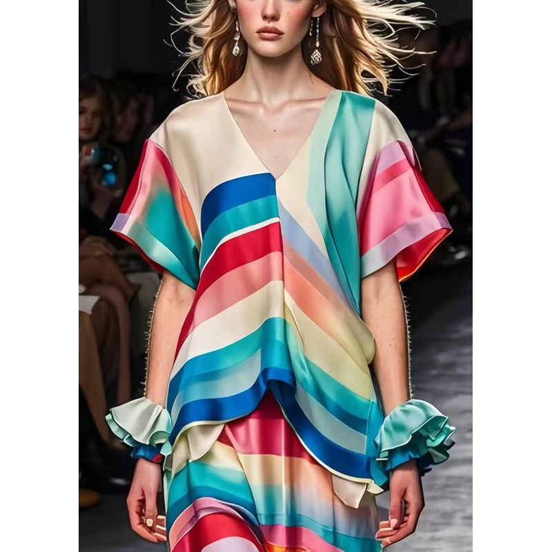 Chic Rainbow V Neck Silm Fit Silk Long Dress Summer
