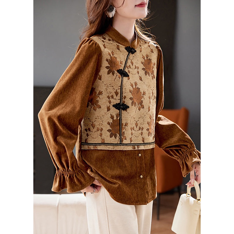 Chinese Style Coffee Stand Collar Print Button Top Spring