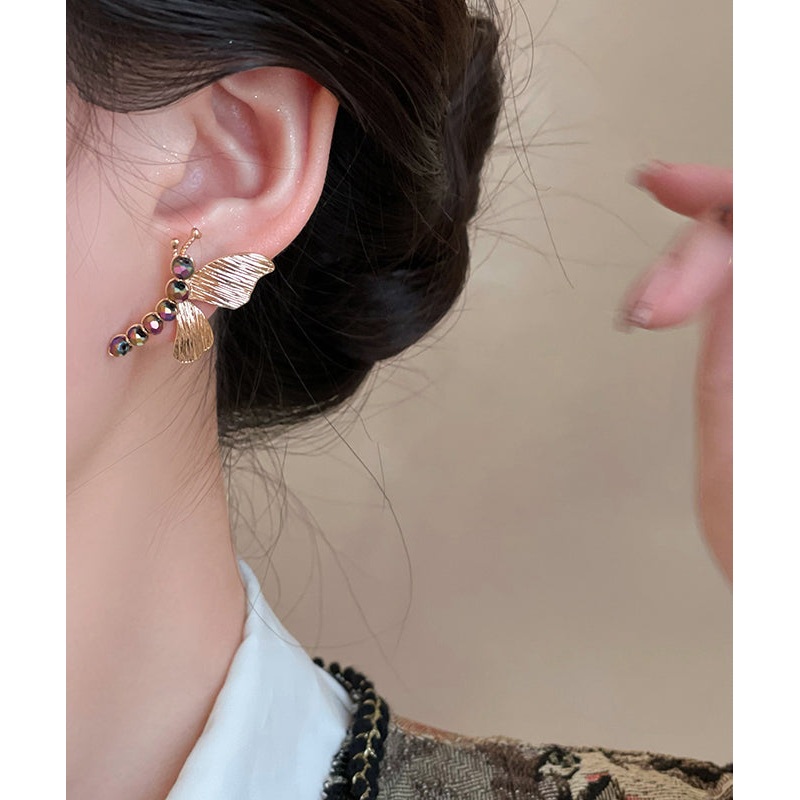 Chinese Style Gold Copper Zircon Hollow Out Butterfly Stud Earrings