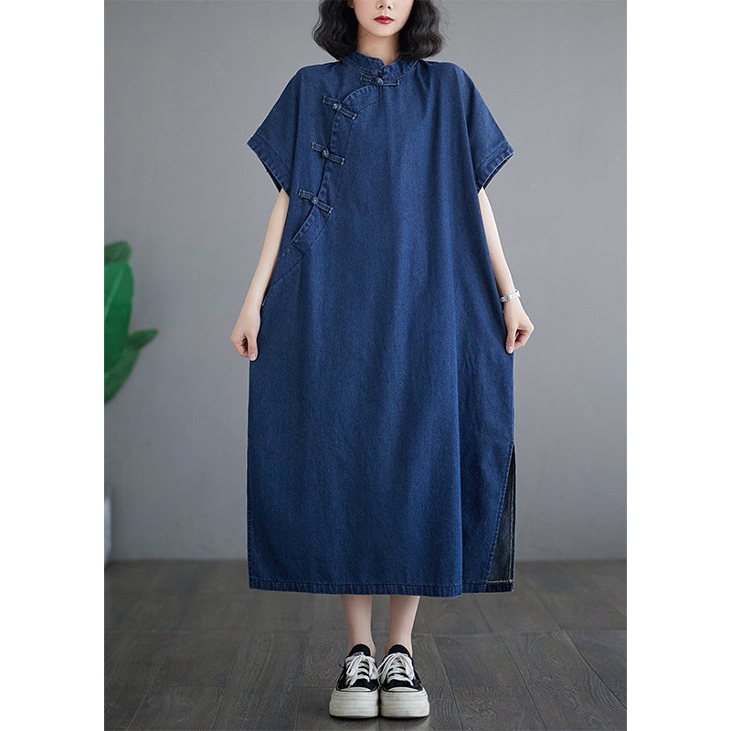 Dark Blue Patchwork Button Side Open Denim Long Dress Summer