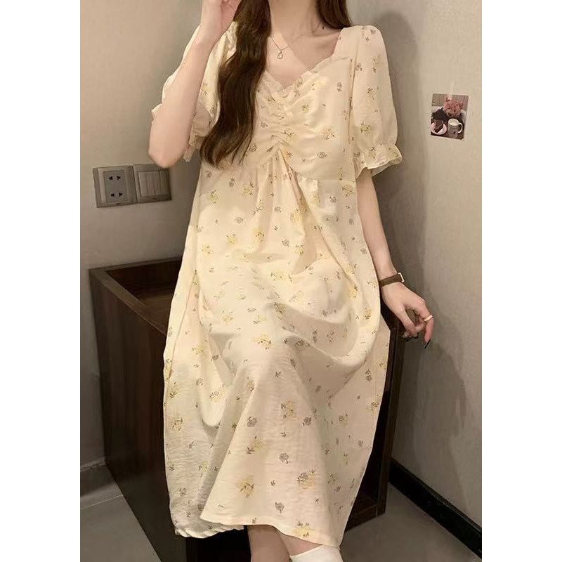 Elegant Apricot Print Ruffled Cotton Pajamas Dress V Neck Summer