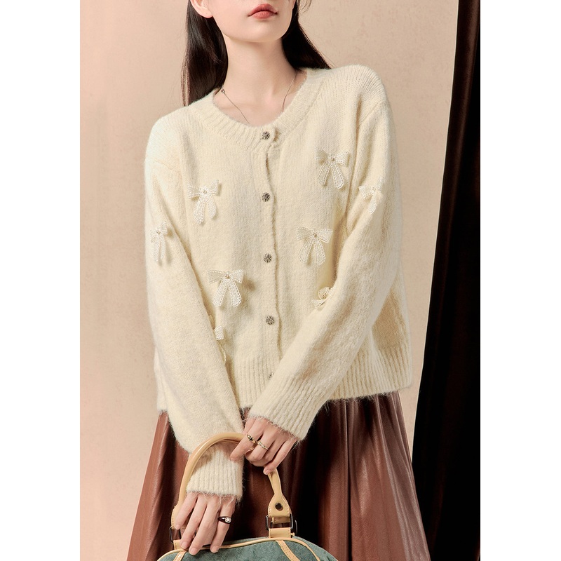 Elegant White Button Bow Patchwork Cotton Knit Sweaters Winter