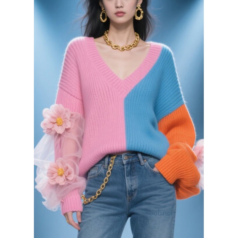 Fashion Colorblock V Neck Tulle Floral Patchwork Knit Sweater Fall