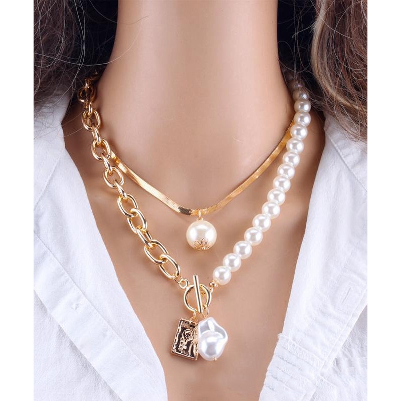 Fashion Gold Chain Pearl Necklace For Women Baroque Pearl Metal Two Piece Set