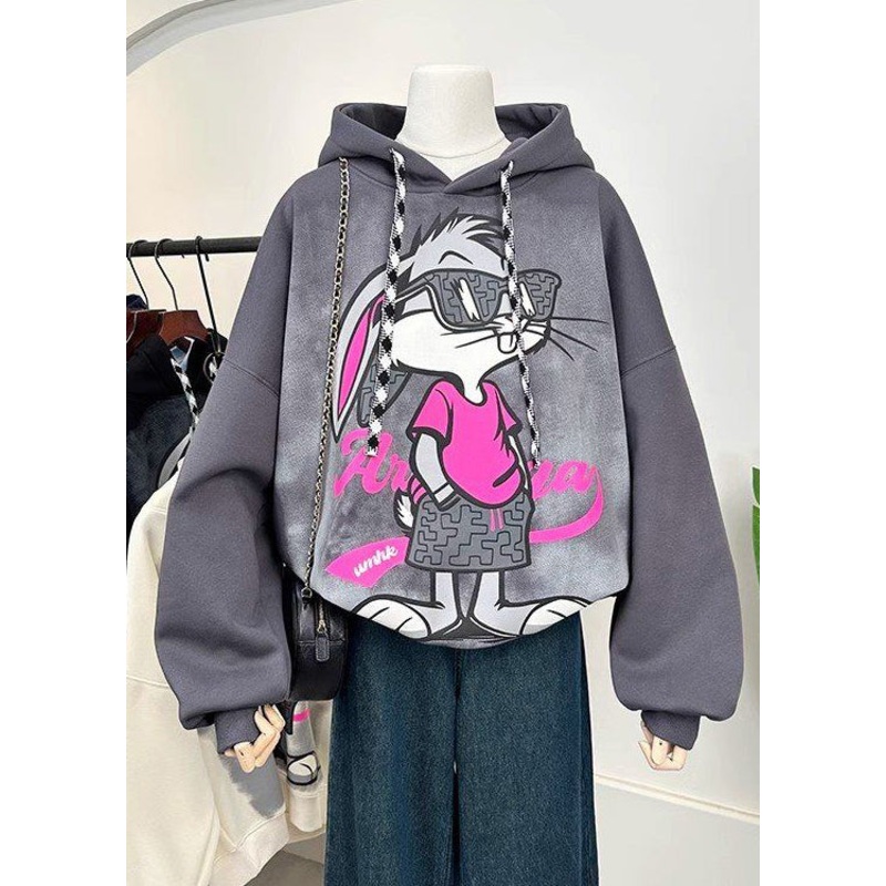 Fashion Grey Hooded Cartoon Print Cotton Sweatshirts Spring