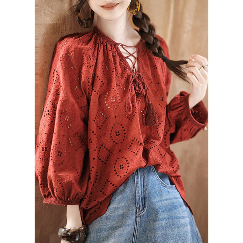 Fashion Red Hollow Out Lace Up Cotton Shirt Bracelet Sleeve