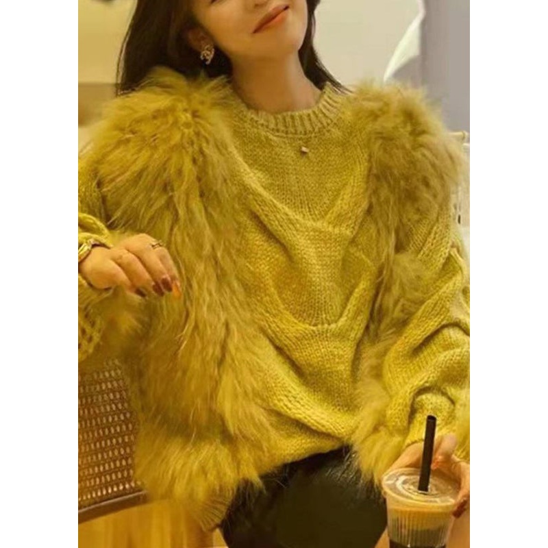Fashion Yellow O-Neck Fuzzy Fur Fluffy Cotton Cozy Knit Sweaters Fall