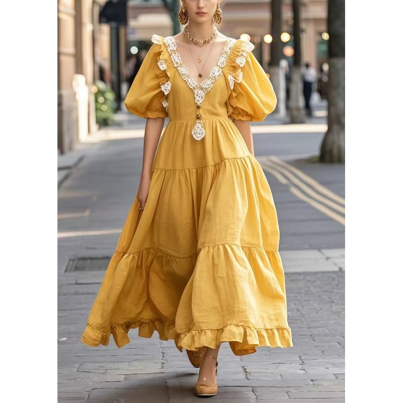 Fashion Yellow Puff Sleeve Patchwork Lace Vacation Dresses