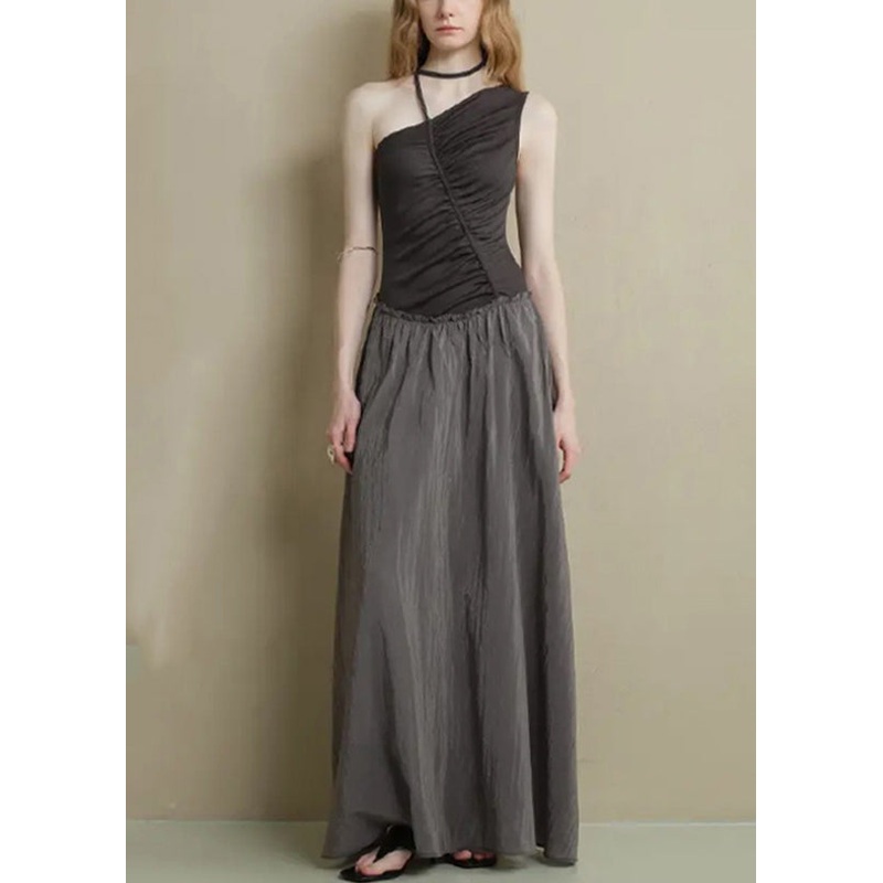 Fine Black Asymmetrical Ruffled Knitting Cotton Patchwork Long Dress Sleeveless