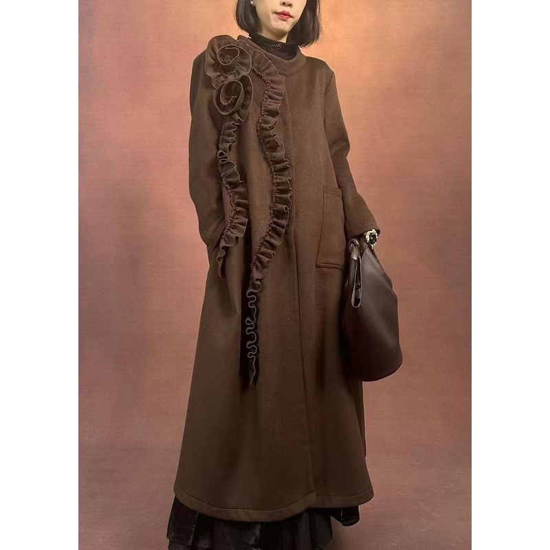 Fine Coffee O-Neck Ruffled Patchwork Pockets Woolen Long Coats Winter