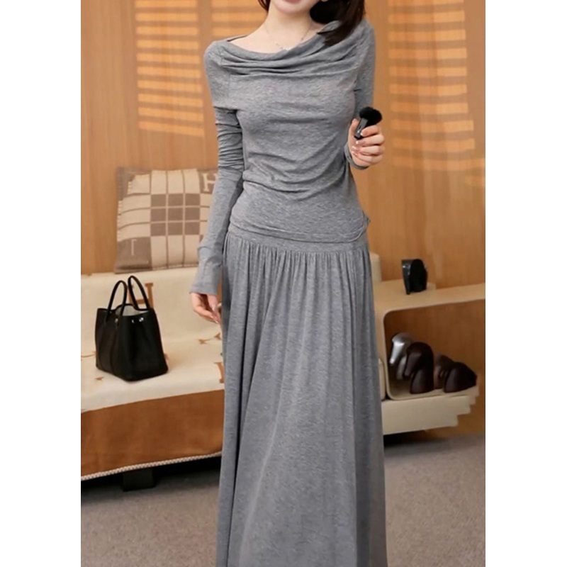 Fine Grey Slash Neck Top And Maxi Skirts Two Pieces Set Winter