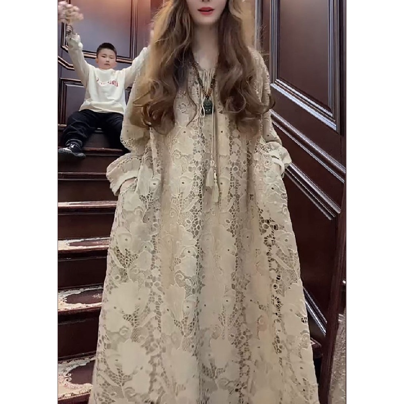 French Apricot O Neck Hollow Out Lace Long Dresses Spring