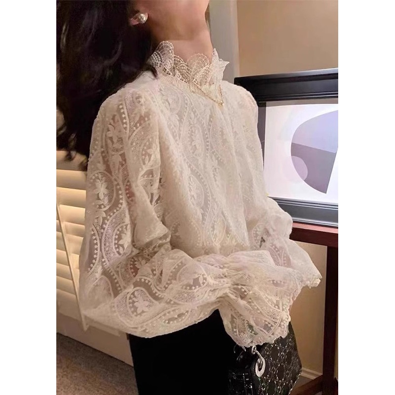 French Beige Warm Fleece Hollow Out Lace Top Petal Sleeve