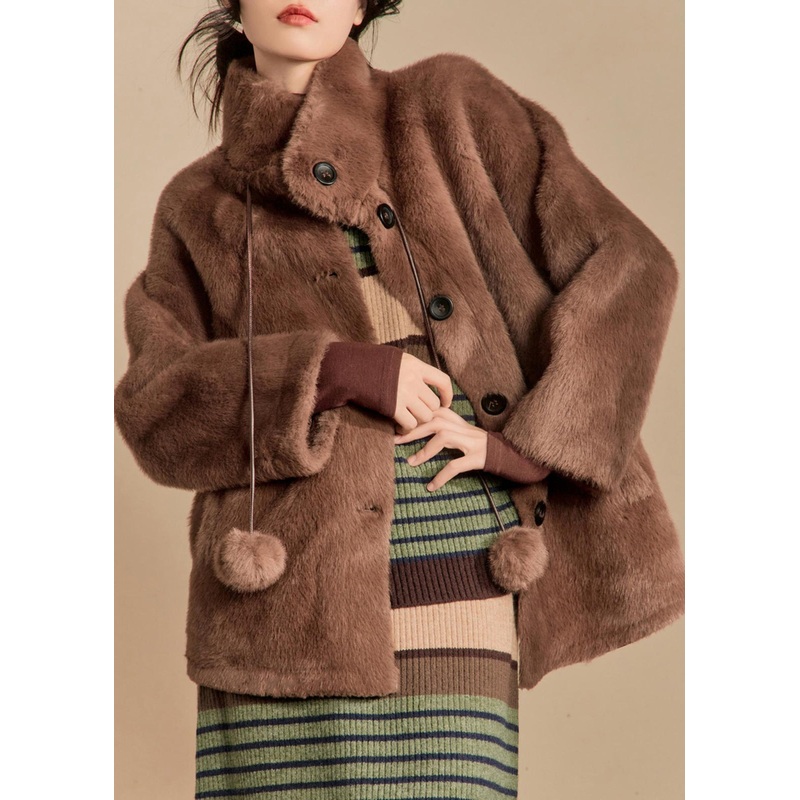 French Coffee Button Lace Up Pockets Fluffy Coats Winter