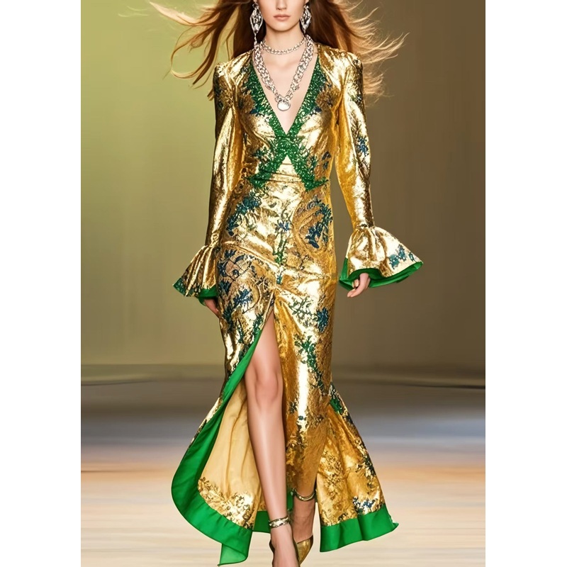 French Golden Wraped Side Open Silk Party Dress Spring