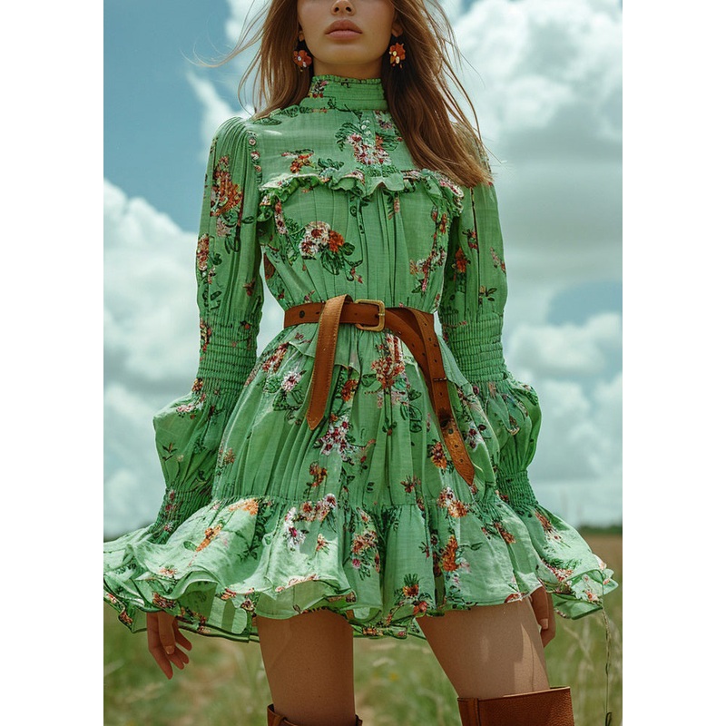 French Green Ruffled Print Patchwork Cotton Short Dress Long Sleeve
