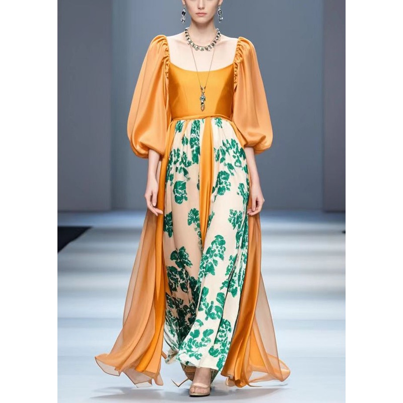 French Orange Square Collar Patchwork Silk Party Dress Lantern Sleeve
