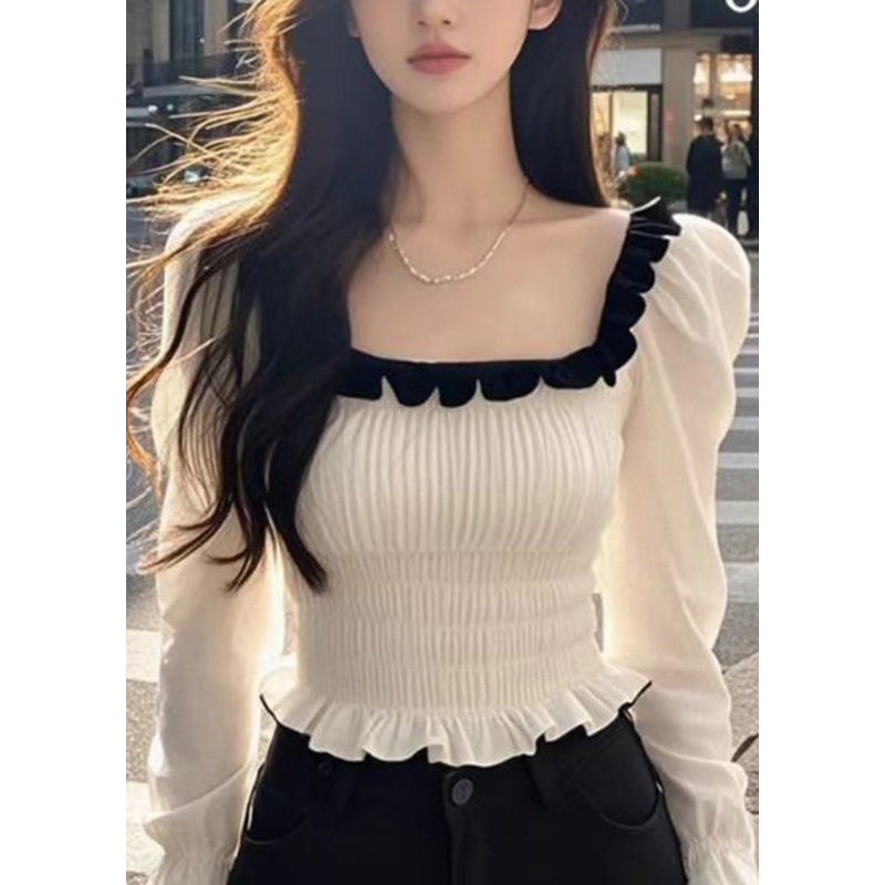 French White Square Collar Ruffled Patchwork Chiffon Top Fall