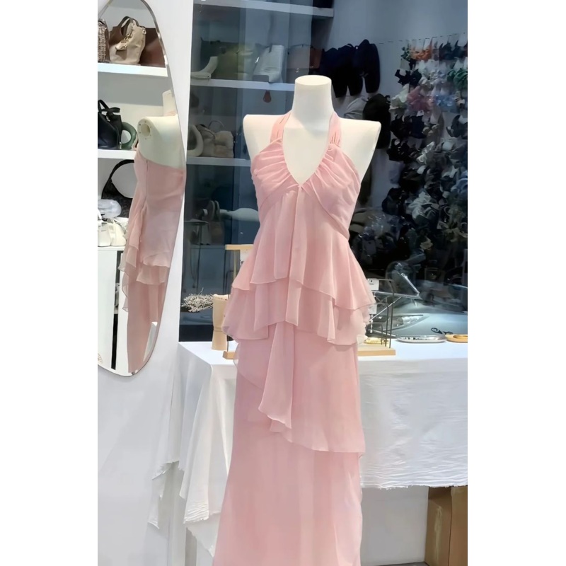 Halter A Line Chiffon Pink Prom Dress Tiered Birthday Outfit J6408