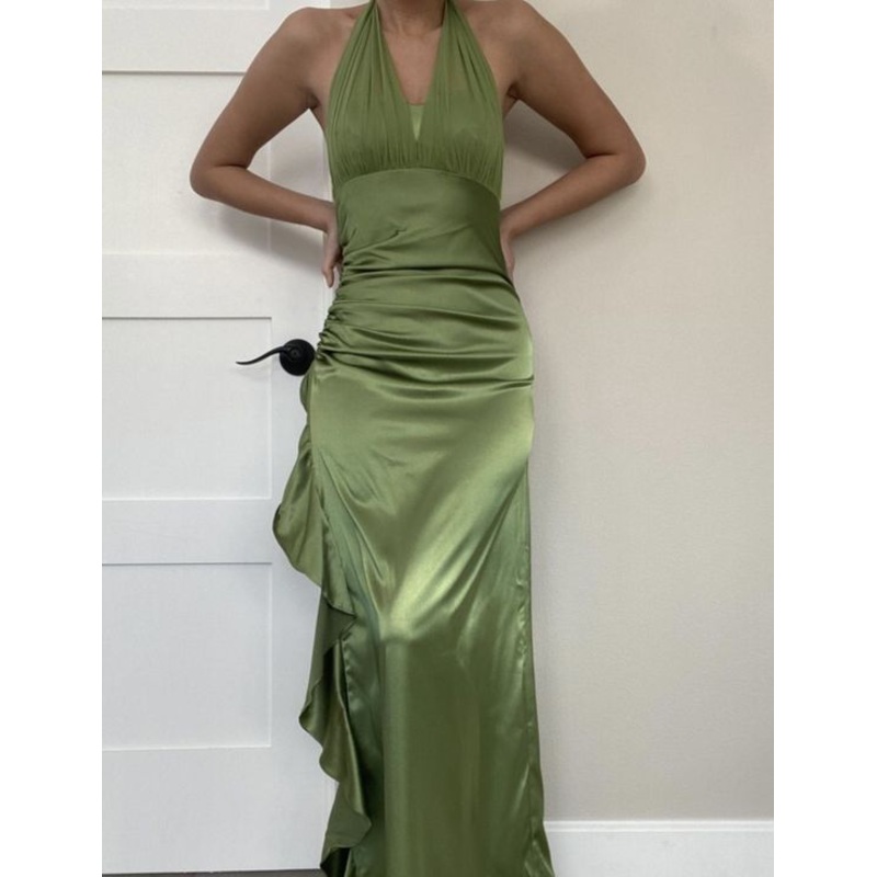 Halter Green Satin Long Prom Dress Ruffle Formal Party Gown J4735