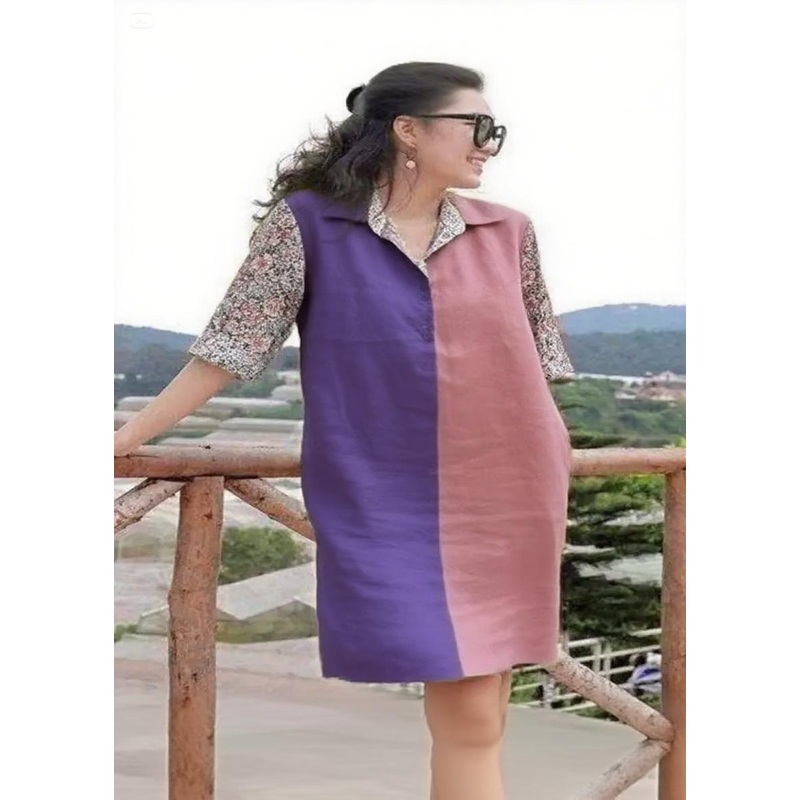 Handmade purple and pink Peter Pan Collar Patchwork Vacation Mid Dresses Summer