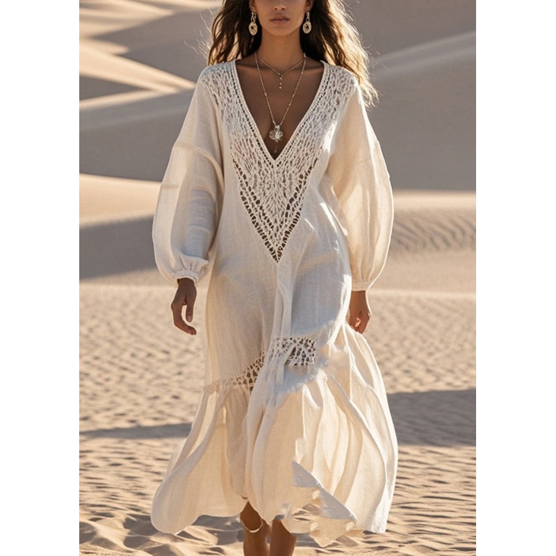 Italian Beige V Neck Patchwork Hollow Out Cotton Dresses Spring