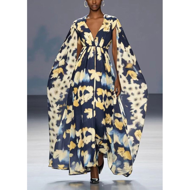 Italian Black Cinched Print Chiffon Party Dresses Cloak Sleeves