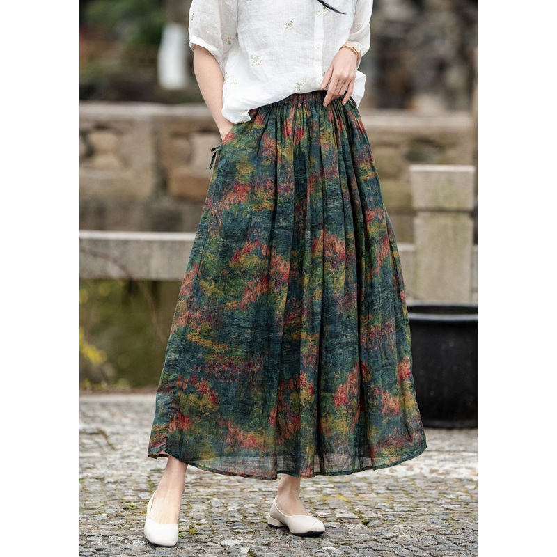 Loose Green Pockets Print Elastic Waist Linen Skirt Summer